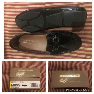 Donald Pliner patent leather driving moccasins.